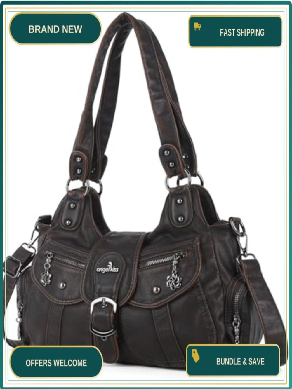 Washed Vegan Leather Hobo Shoulder Bag with Crossbody Strap Roomy Tote